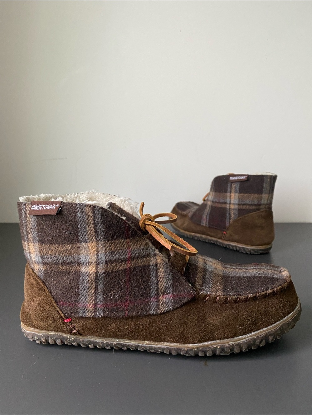 Plaid Brown Suede Leather & Fabric Moccasin Boot Sz 9 Preppy Cottage Cozy